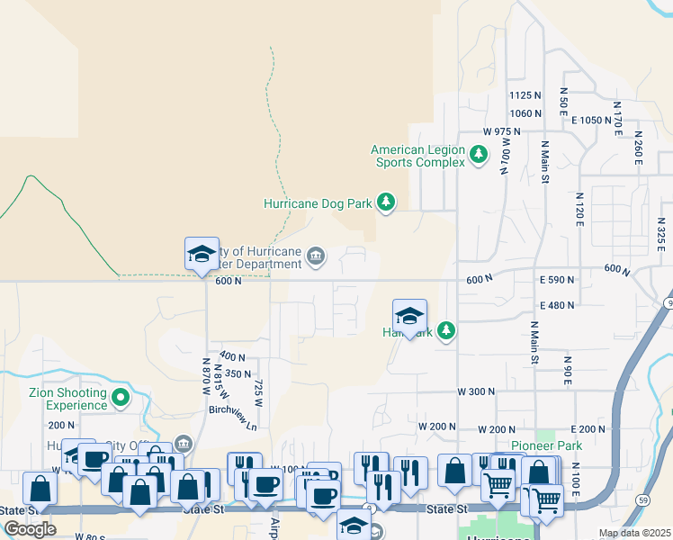 map of restaurants, bars, coffee shops, grocery stores, and more near 526 600 North in Hurricane