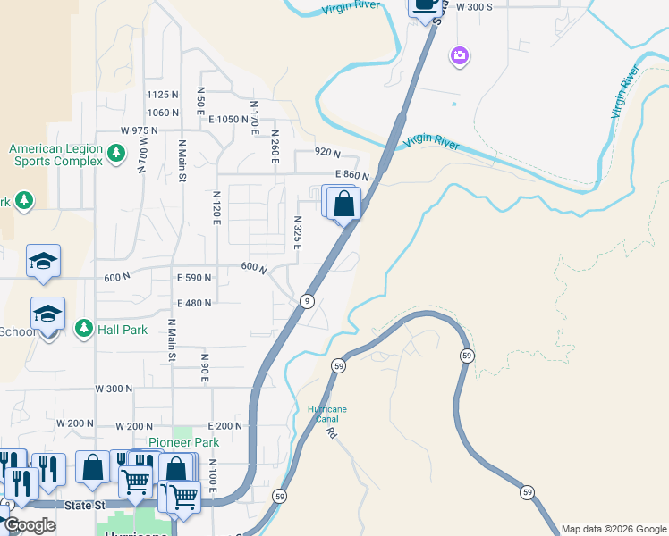 map of restaurants, bars, coffee shops, grocery stores, and more near 590 North State Street in Hurricane