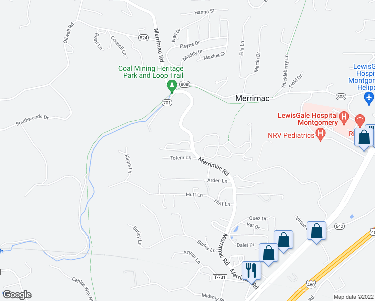 map of restaurants, bars, coffee shops, grocery stores, and more near 601 Merrimac Road in Blacksburg