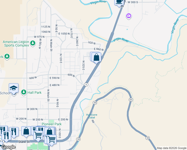 map of restaurants, bars, coffee shops, grocery stores, and more near 590 North State Street in Hurricane
