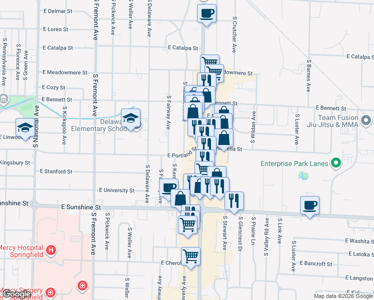 map of restaurants, bars, coffee shops, grocery stores, and more near 1550 South Kentwood Avenue in Springfield