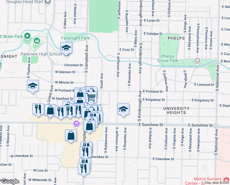 map of restaurants, bars, coffee shops, grocery stores, and more near 1629 S Jefferson Ave in Springfield