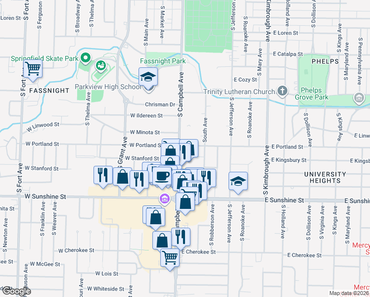 map of restaurants, bars, coffee shops, grocery stores, and more near 308 West Kingsbury Street in Springfield