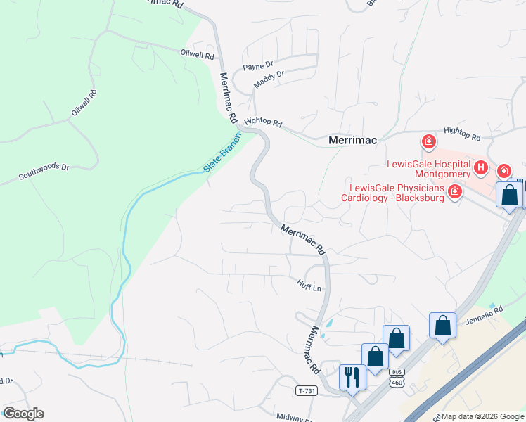 map of restaurants, bars, coffee shops, grocery stores, and more near 601 Merrimac Road in Blacksburg