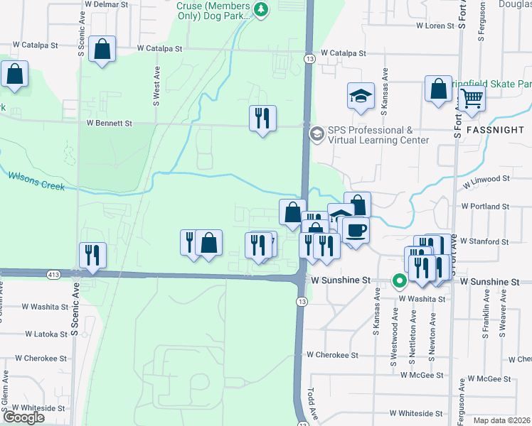 map of restaurants, bars, coffee shops, grocery stores, and more near 1634 South Marion Avenue in Springfield