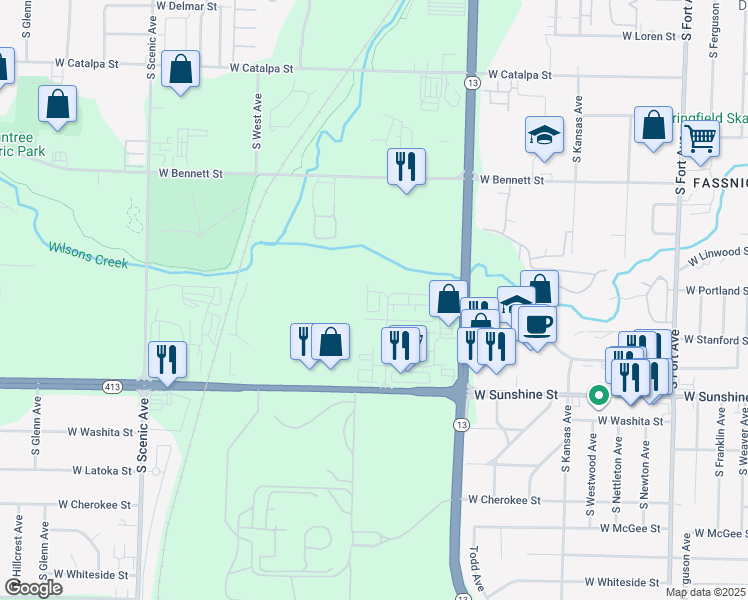 map of restaurants, bars, coffee shops, grocery stores, and more near 1644 South Marion Avenue in Springfield