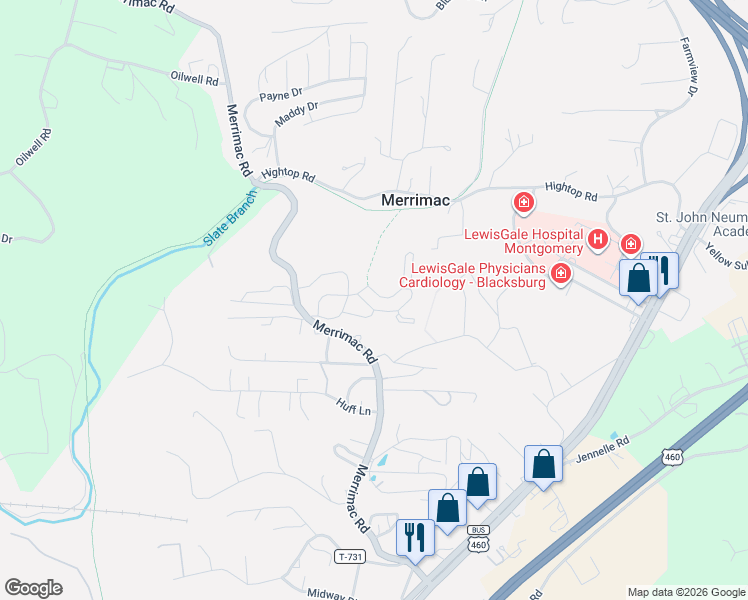 map of restaurants, bars, coffee shops, grocery stores, and more near 1012 Canyon Ridge Road in Blacksburg