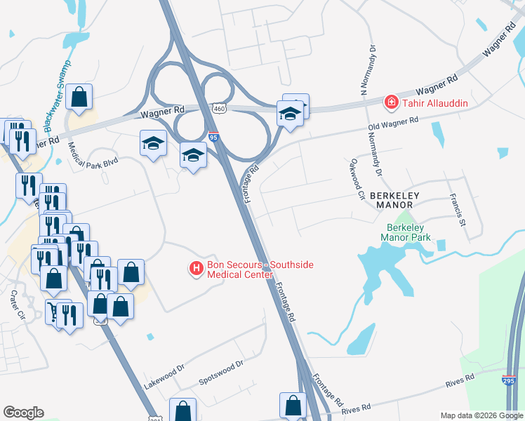 map of restaurants, bars, coffee shops, grocery stores, and more near 420 Chanticleer Drive in Petersburg