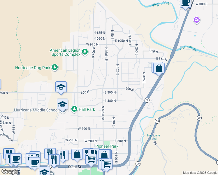 map of restaurants, bars, coffee shops, grocery stores, and more near 49 600 North in Hurricane
