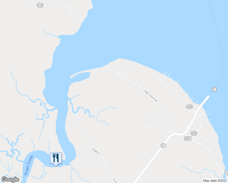 map of restaurants, bars, coffee shops, grocery stores, and more near 709 Olde Towne Road in Surry