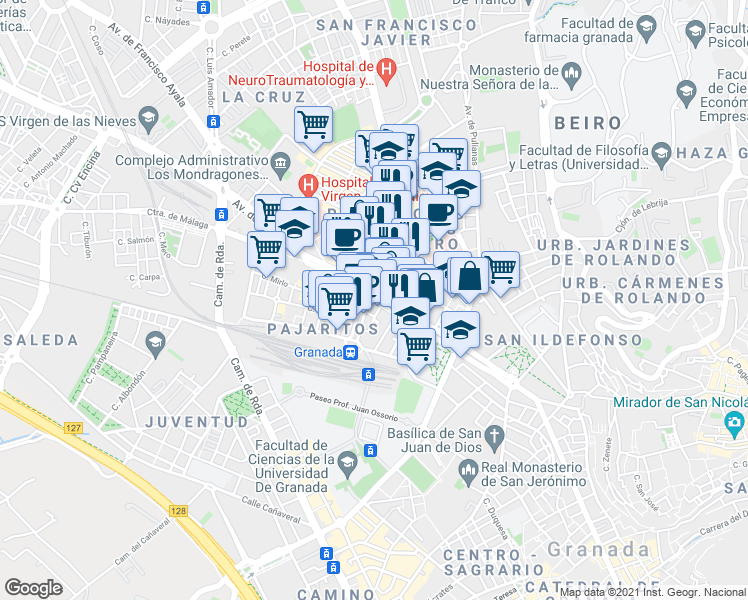 map of restaurants, bars, coffee shops, grocery stores, and more near 29 Avenida de la Constitución in Granada