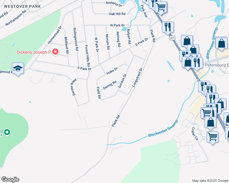 map of restaurants, bars, coffee shops, grocery stores, and more near 3300 Gordon Drive in Petersburg