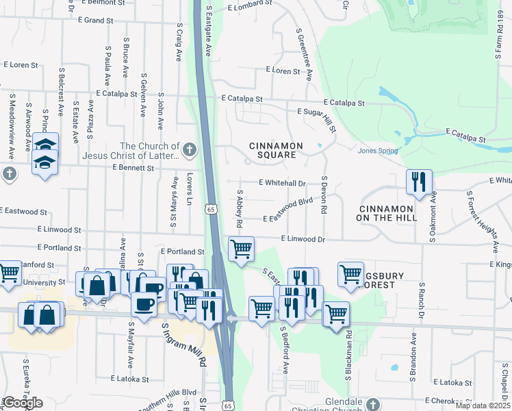 map of restaurants, bars, coffee shops, grocery stores, and more near 3549 East Carol Drive in Springfield