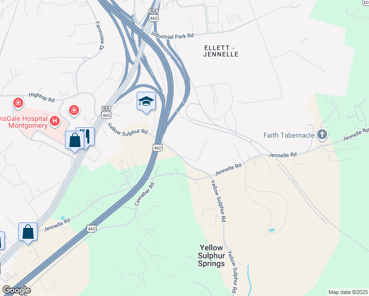 map of restaurants, bars, coffee shops, grocery stores, and more near 3320 Yellow Sulphur Road in Blacksburg