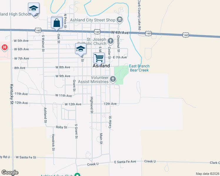 map of restaurants, bars, coffee shops, grocery stores, and more near 1001 Cedar Street in Ashland
