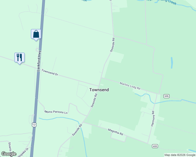 map of restaurants, bars, coffee shops, grocery stores, and more near 28482 Seaside Road in Cape Charles