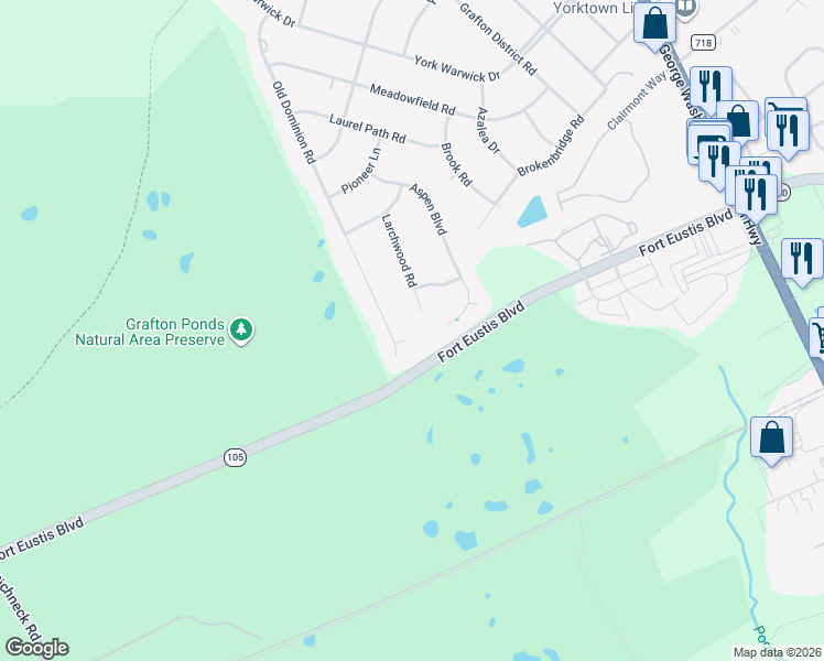 map of restaurants, bars, coffee shops, grocery stores, and more near 121 Larchwood Road in Yorktown