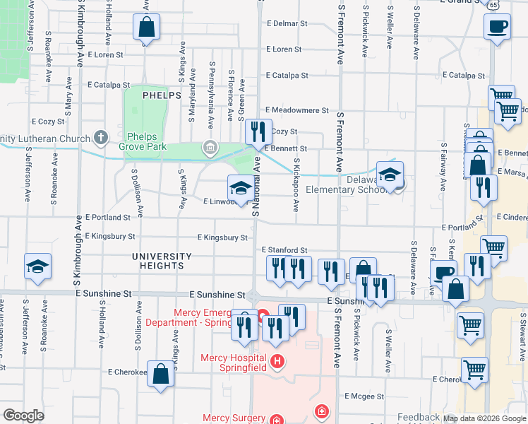 map of restaurants, bars, coffee shops, grocery stores, and more near 1548 South National Avenue in Springfield