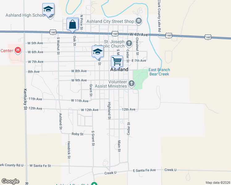 map of restaurants, bars, coffee shops, grocery stores, and more near 10th Avenue in Ashland