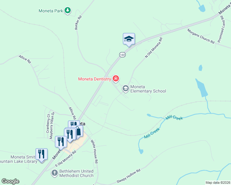 map of restaurants, bars, coffee shops, grocery stores, and more near 4969 Rucker Road in Moneta