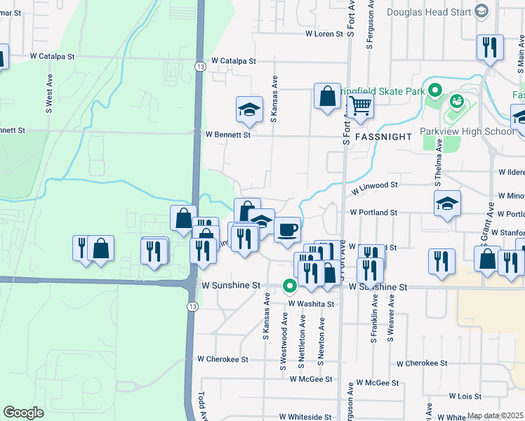 map of restaurants, bars, coffee shops, grocery stores, and more near Elfindale Court in Springfield