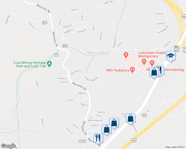 map of restaurants, bars, coffee shops, grocery stores, and more near 891 Canyon Ridge Road in Blacksburg