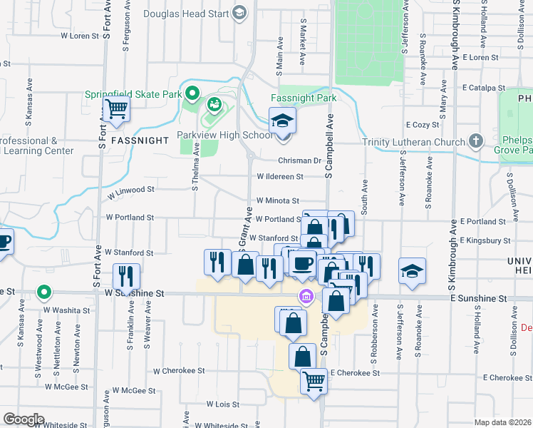map of restaurants, bars, coffee shops, grocery stores, and more near 610 West Minota Street in Springfield