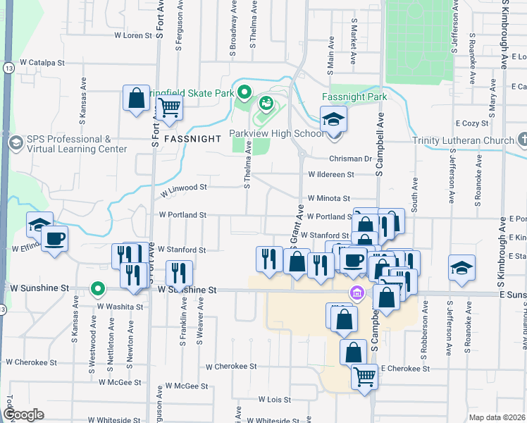 map of restaurants, bars, coffee shops, grocery stores, and more near 1548 South Missouri Avenue in Springfield