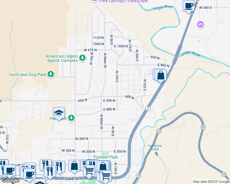 map of restaurants, bars, coffee shops, grocery stores, and more near 656 North 90 East in Hurricane