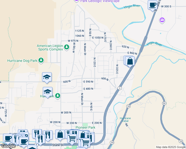 map of restaurants, bars, coffee shops, grocery stores, and more near 656 North 90 East in Hurricane