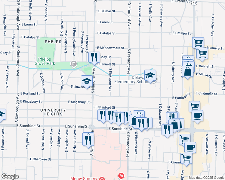 map of restaurants, bars, coffee shops, grocery stores, and more near 1558 South Kickapoo Avenue in Springfield