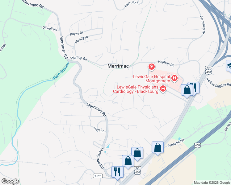 map of restaurants, bars, coffee shops, grocery stores, and more near 891 Canyon Ridge Road in Blacksburg
