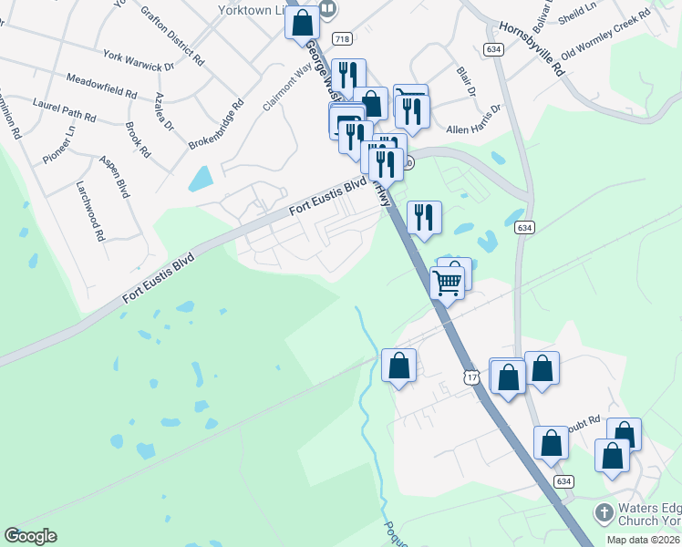 map of restaurants, bars, coffee shops, grocery stores, and more near 132 Ellis Drive in Yorktown