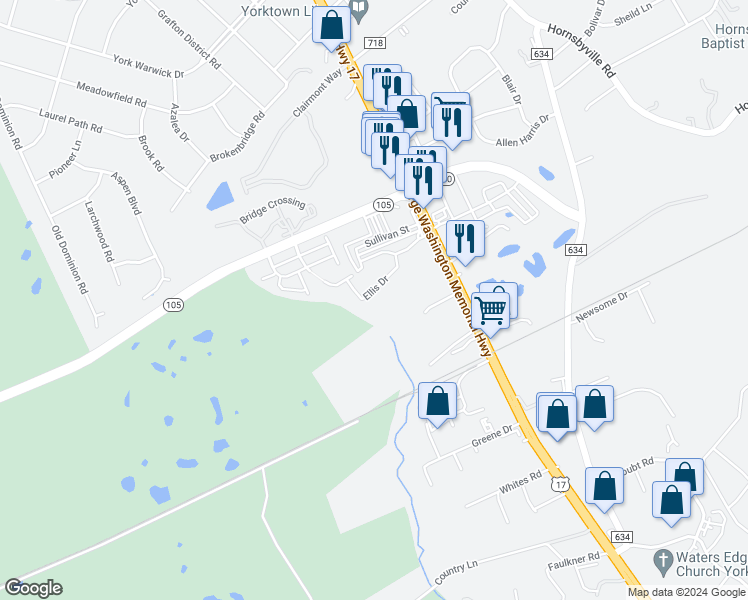 map of restaurants, bars, coffee shops, grocery stores, and more near 135 Ellis Drive in Yorktown