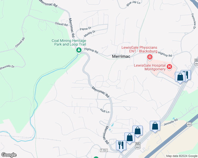 map of restaurants, bars, coffee shops, grocery stores, and more near 535 Blackrock Drive in Blacksburg