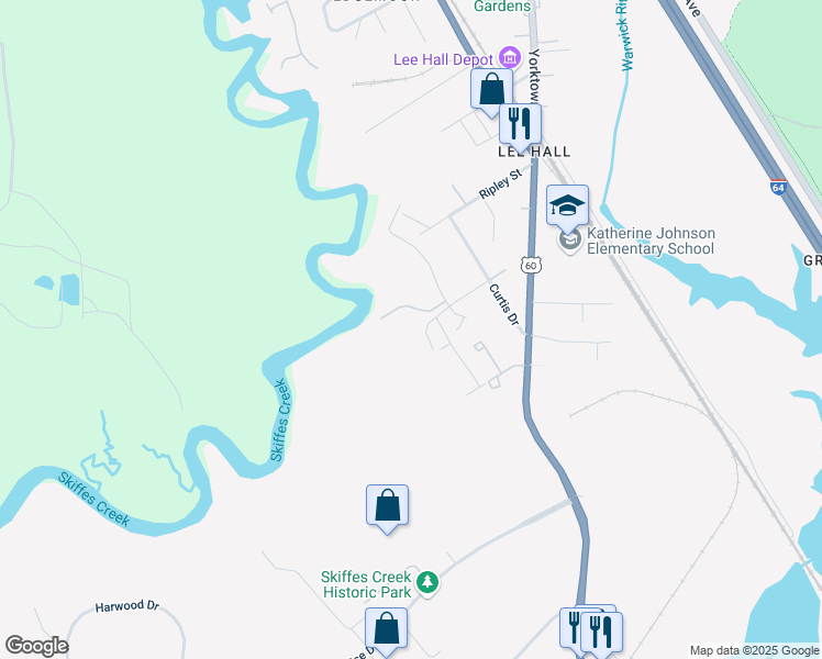 map of restaurants, bars, coffee shops, grocery stores, and more near 207 Misty Point Lane in Newport News