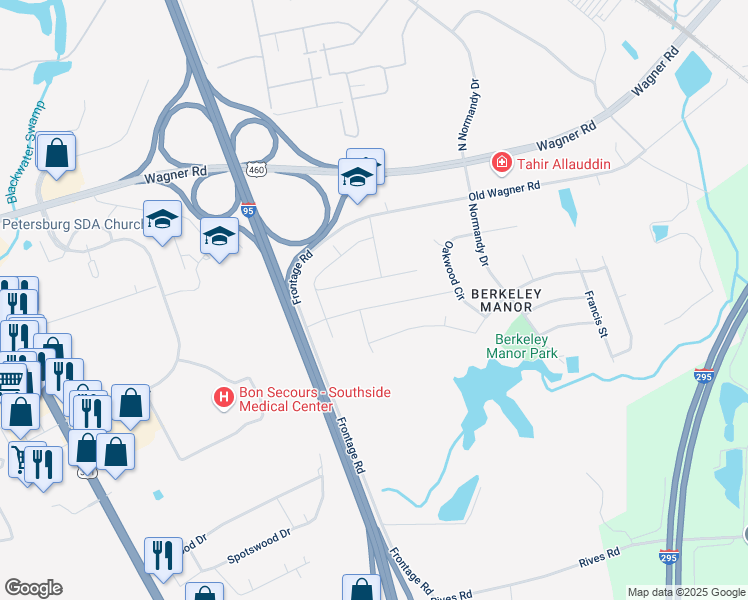 map of restaurants, bars, coffee shops, grocery stores, and more near 513 Scott Street in Petersburg