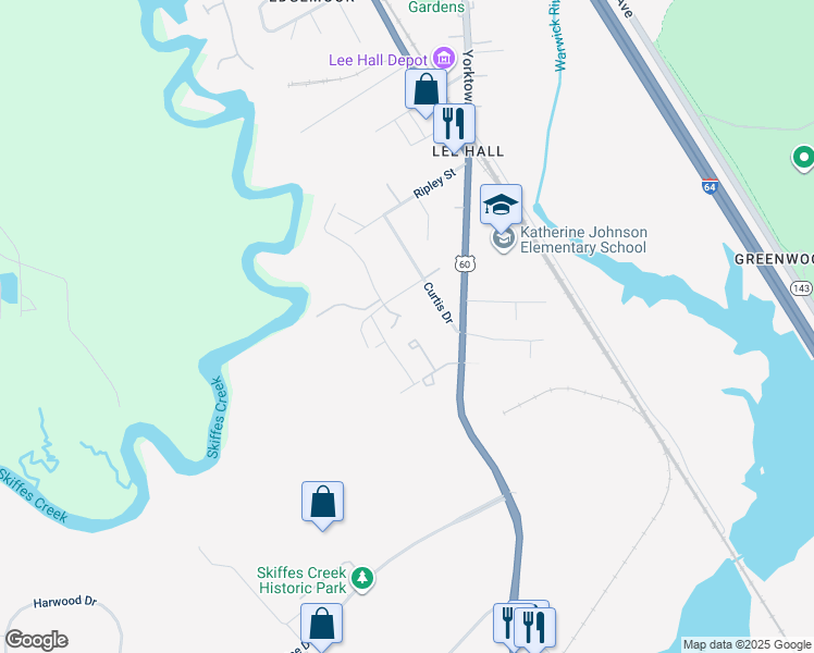 map of restaurants, bars, coffee shops, grocery stores, and more near 111 Inland View Drive in Newport News