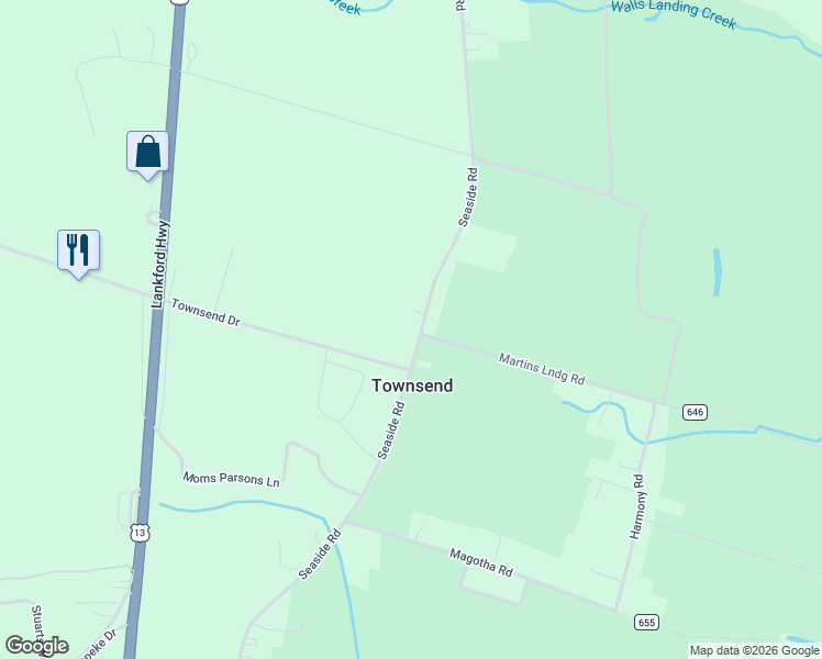 map of restaurants, bars, coffee shops, grocery stores, and more near 28482 Seaside Road in Cape Charles