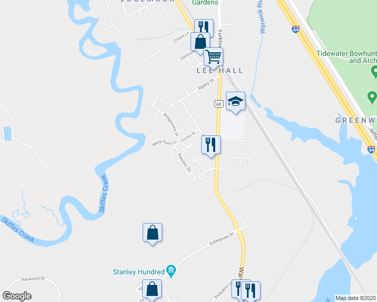 map of restaurants, bars, coffee shops, grocery stores, and more near 115 Inland View Drive in Newport News