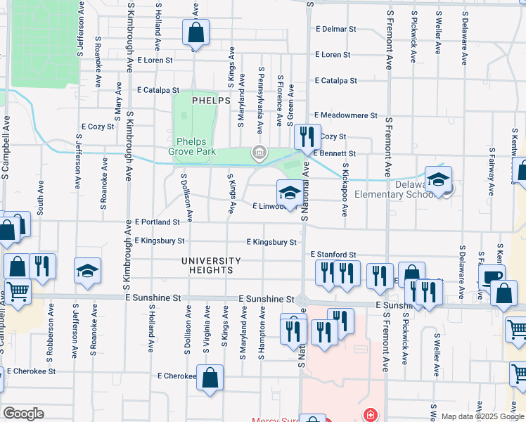 map of restaurants, bars, coffee shops, grocery stores, and more near 1052 E Linwood Dr in Springfield