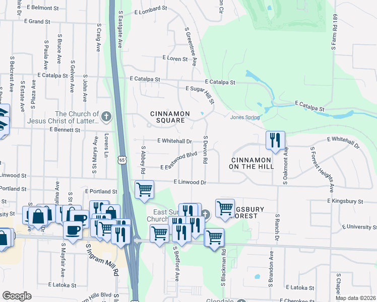map of restaurants, bars, coffee shops, grocery stores, and more near 1432 South Charing Road in Springfield