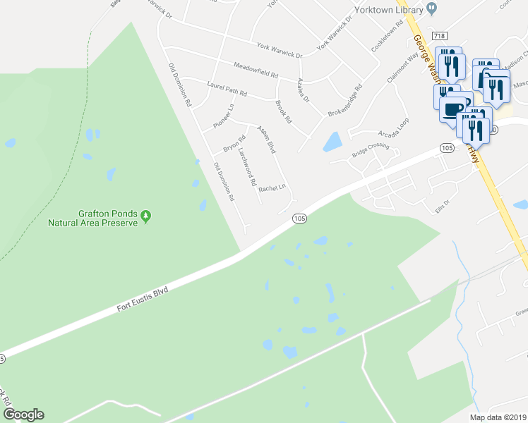 map of restaurants, bars, coffee shops, grocery stores, and more near 121 Larchwood Road in Yorktown