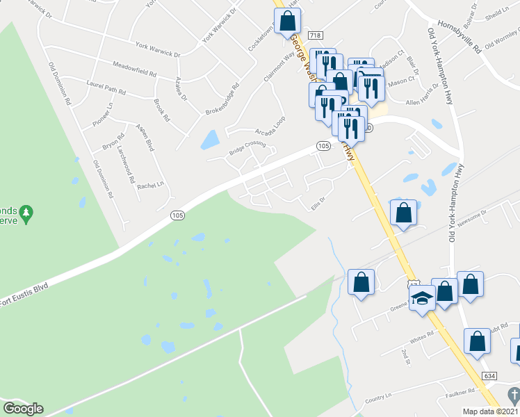 map of restaurants, bars, coffee shops, grocery stores, and more near 122 Briarwood Place in Yorktown