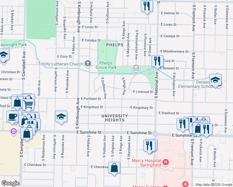 map of restaurants, bars, coffee shops, grocery stores, and more near 1522 South Virginia Avenue in Springfield