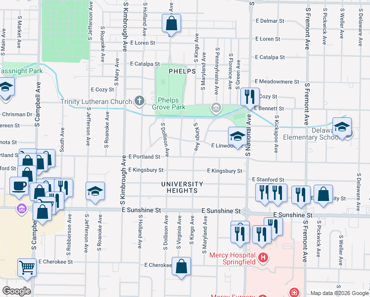 map of restaurants, bars, coffee shops, grocery stores, and more near 1522 South Virginia Avenue in Springfield