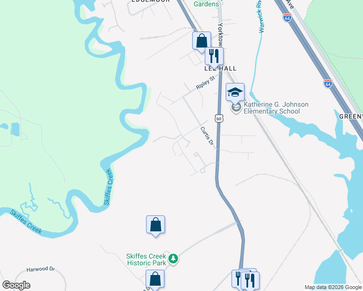 map of restaurants, bars, coffee shops, grocery stores, and more near 103 Republic Road in Newport News