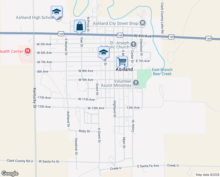 map of restaurants, bars, coffee shops, grocery stores, and more near 10th Avenue in Ashland