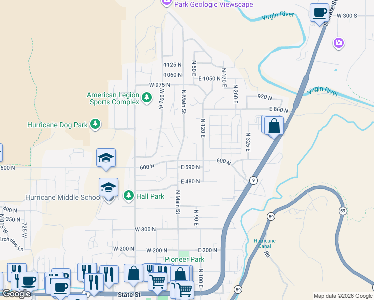 map of restaurants, bars, coffee shops, grocery stores, and more near 672 N Main St in Hurricane