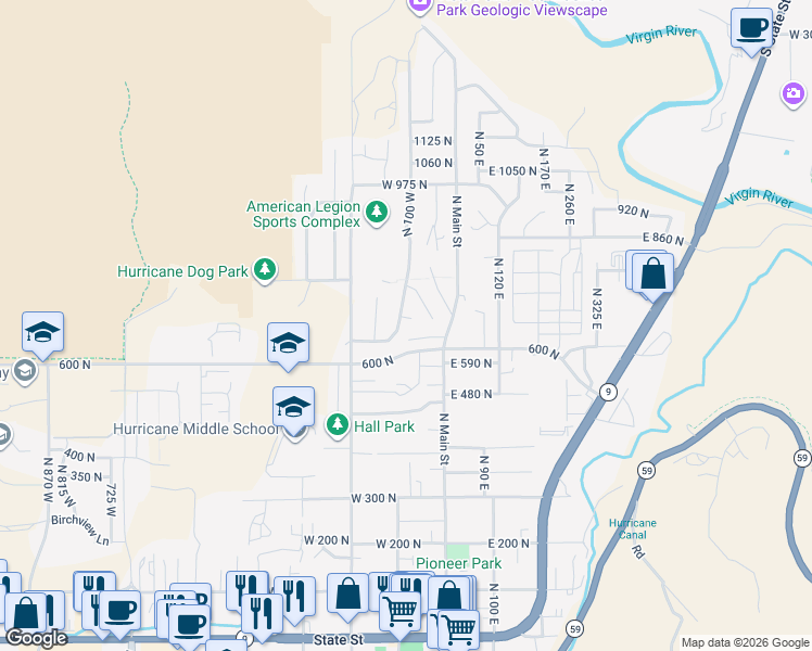 map of restaurants, bars, coffee shops, grocery stores, and more near 93 West 680 North in Hurricane